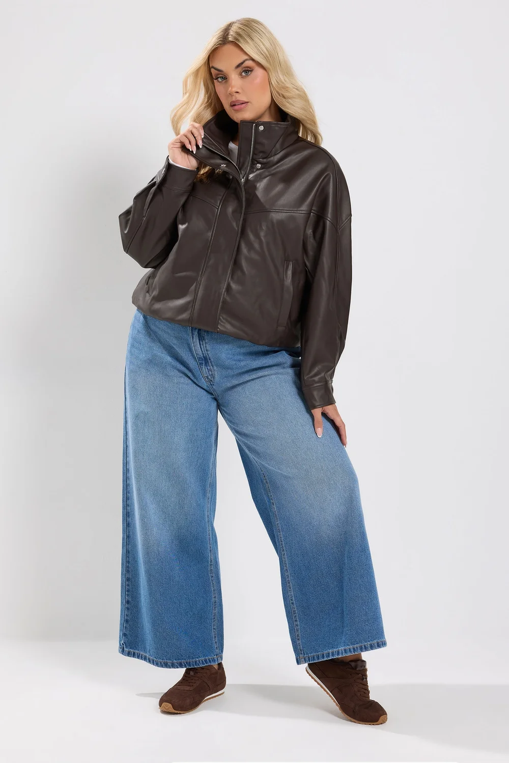 Yours Curve Chocolate Brown Faux Leather Funnel Neck Jacket - 20 Image 2