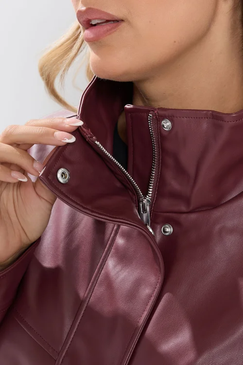 Yours Curve Red Faux Leather Funnel Neck Jacket - 16 Image 4