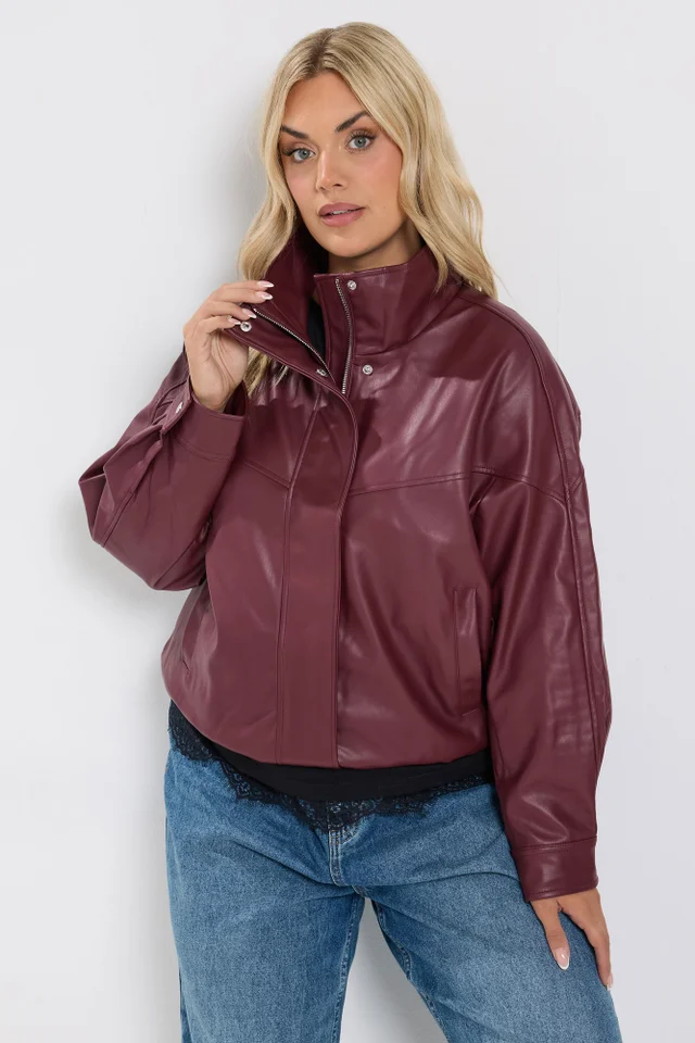 Yours Curve Red Faux Leather Funnel Neck Jacket
