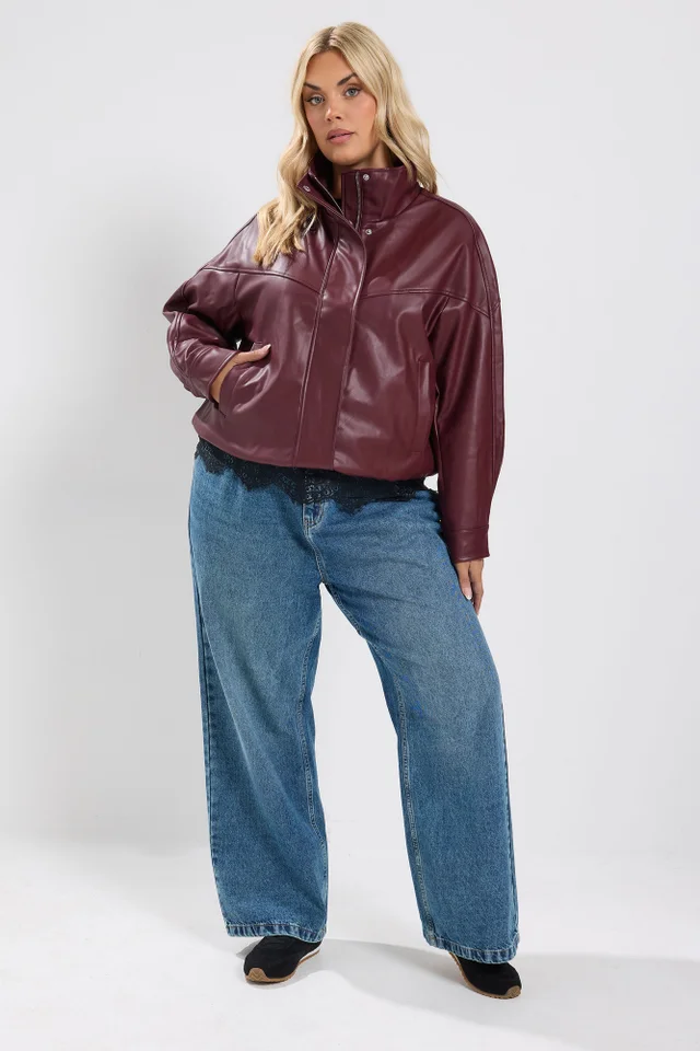 Yours Curve Red Faux Leather Funnel Neck Jacket
