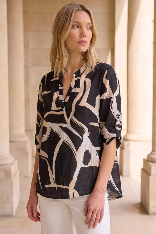 Roman Black Abstract Print V-Neck Top - 12 Image 1