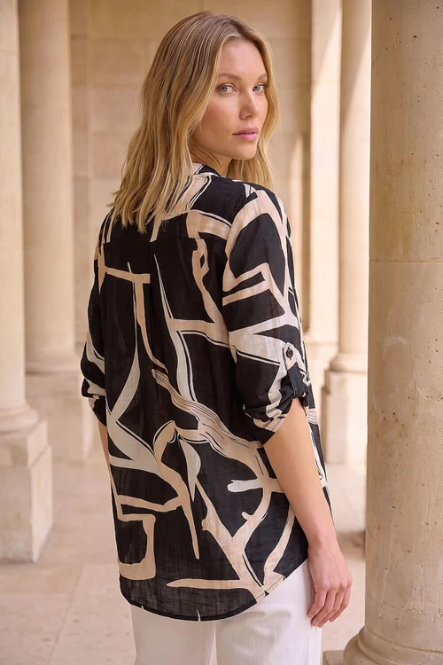 Roman Black Abstract Print V-Neck Top - 12 Image 3