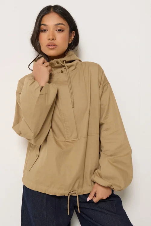 PixieGirl Petite Stone Brown Half Zip Hooded Windbreaker Jacket - 16 Image 1