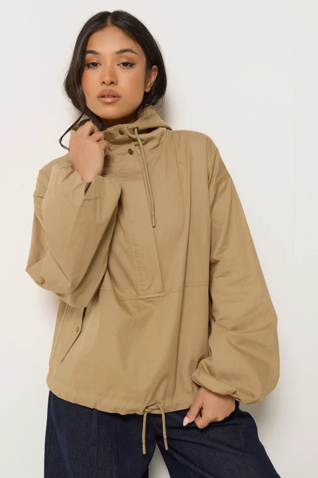 PixieGirl Petite Stone Brown Half Zip Hooded Windbreaker Jacket