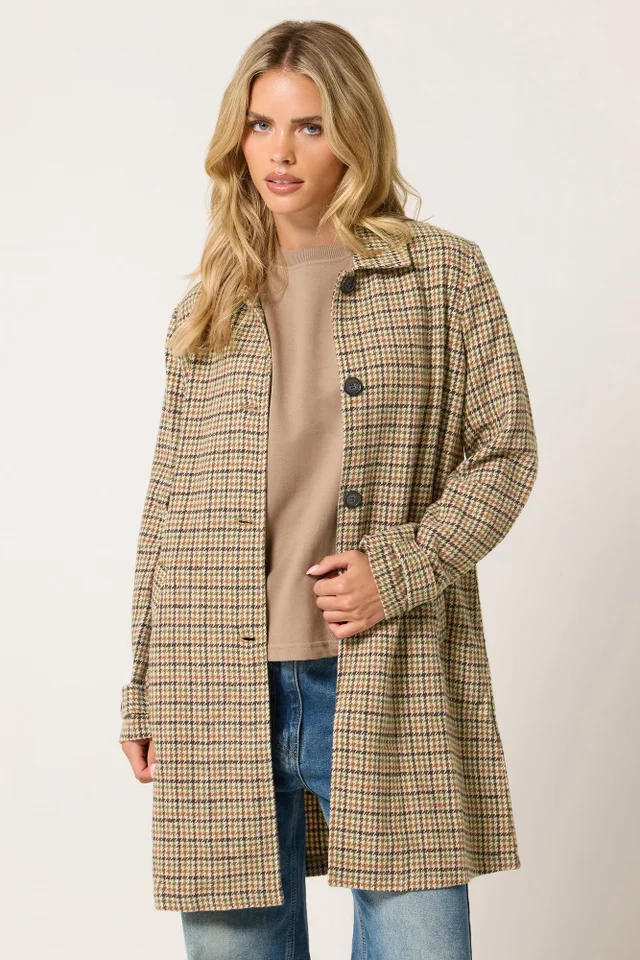 PixieGirl Petite Dark Brown Checkered Midi Car Coat