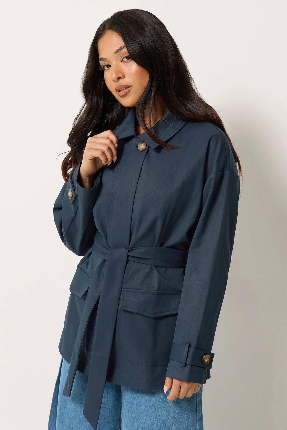 PixieGirl Petite Navy Blue Belted Midi Trench Coat - 16 Image 1