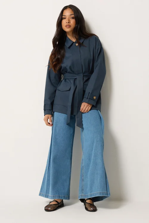 PixieGirl Petite Navy Blue Belted Midi Trench Coat - 16 Image 2