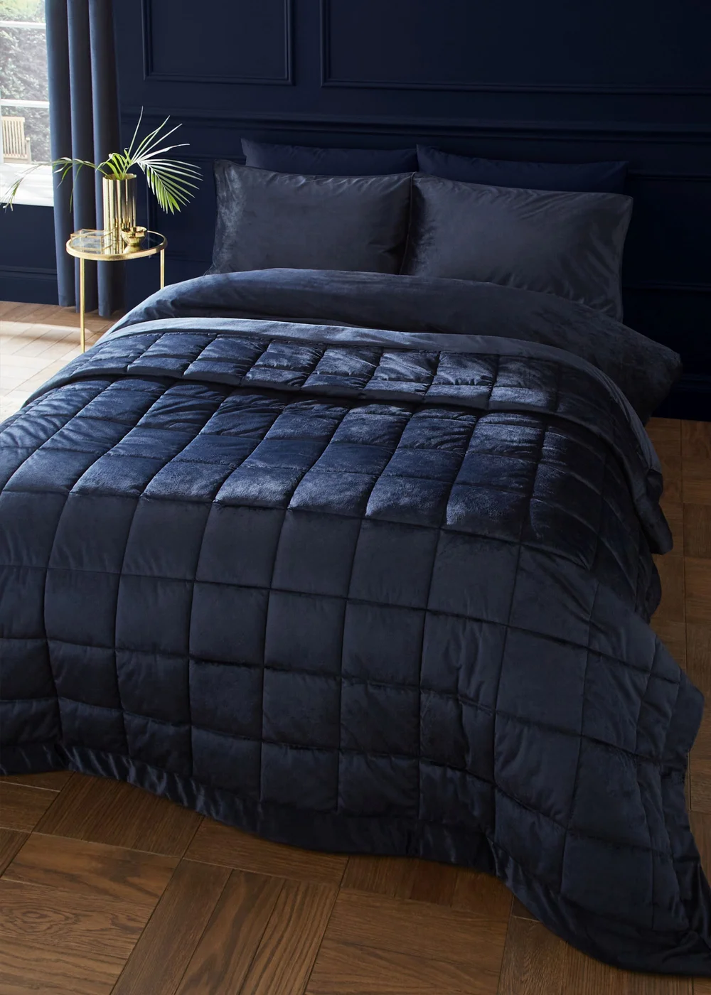Catherine Lansfield Kingsley Matt Velvet Quilted 220x220cm Bedspread Navy Blue - One Size Image 1