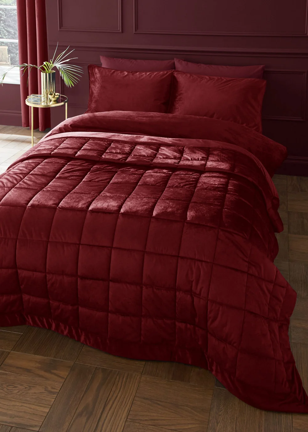 Catherine Lansfield Kingsley Matt Velvet Quilted 220x220cm Bedspread Burgundy - One Size Image 1
