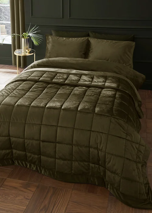 Catherine Lansfield Kingsley Matt Velvet Quilted 220x220cm Bedspread Olive Green - One Size Image 1