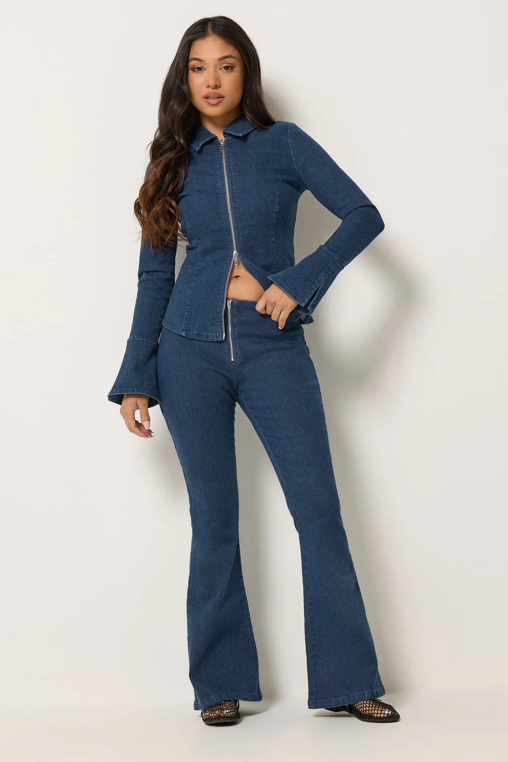 PixieGirl Petite Indigo Blue Zip Front Kick Flare Jeans - 18/l27 Image 1