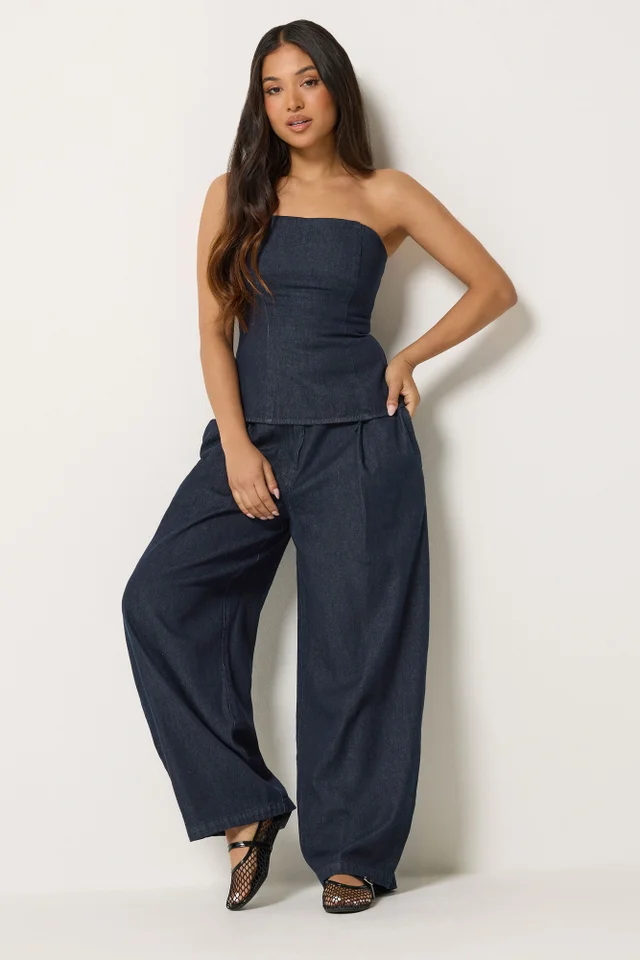 PixieGirl Petite Dark Blue Pleated Wide Leg Jeans