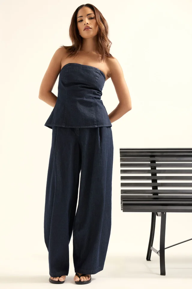PixieGirl Petite Dark Blue Pleated Wide Leg Jeans