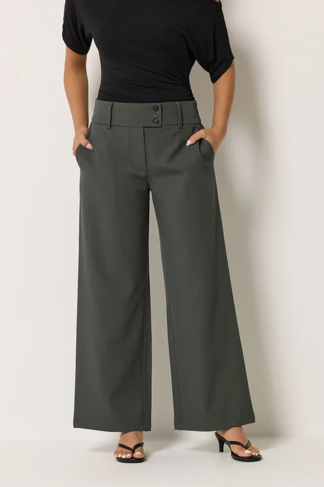 PixieGirl Petite Dark Grey Button Tab Detail Wide Leg Trousers