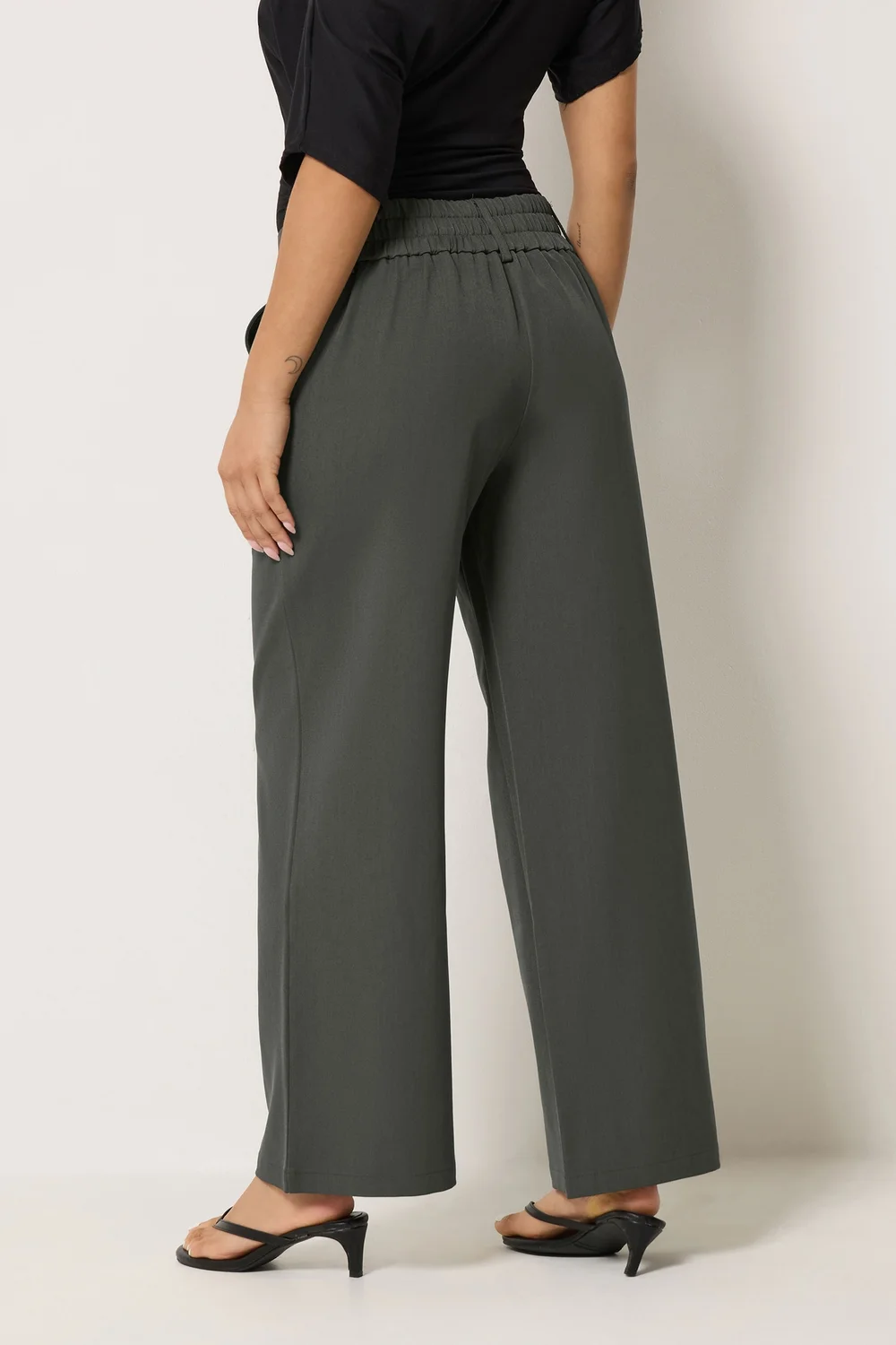 PixieGirl Petite Dark Grey Button Tab Detail Wide Leg Trousers - 14/L27 Image 3