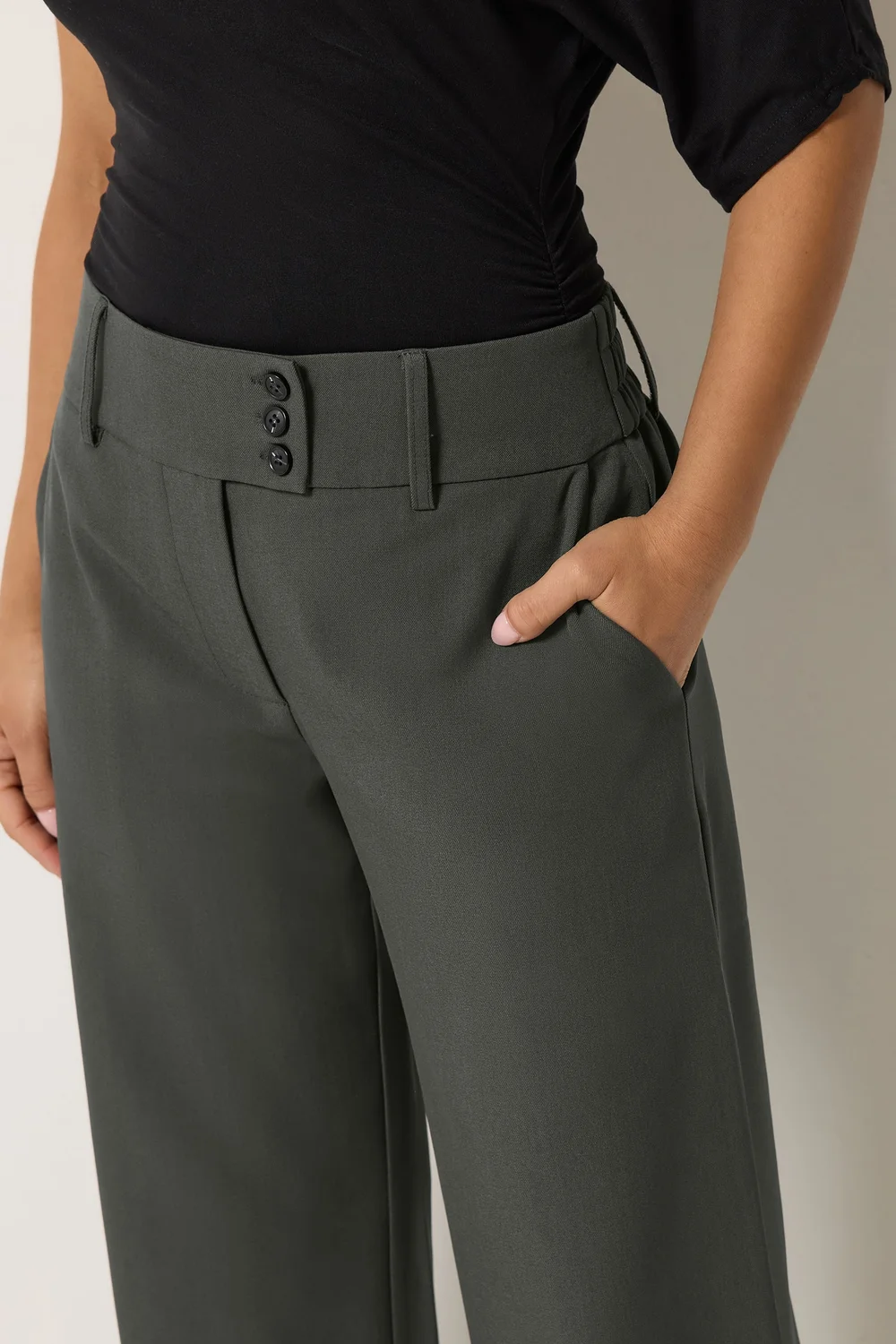 PixieGirl Petite Dark Grey Button Tab Detail Wide Leg Trousers - 14/L27 Image 4