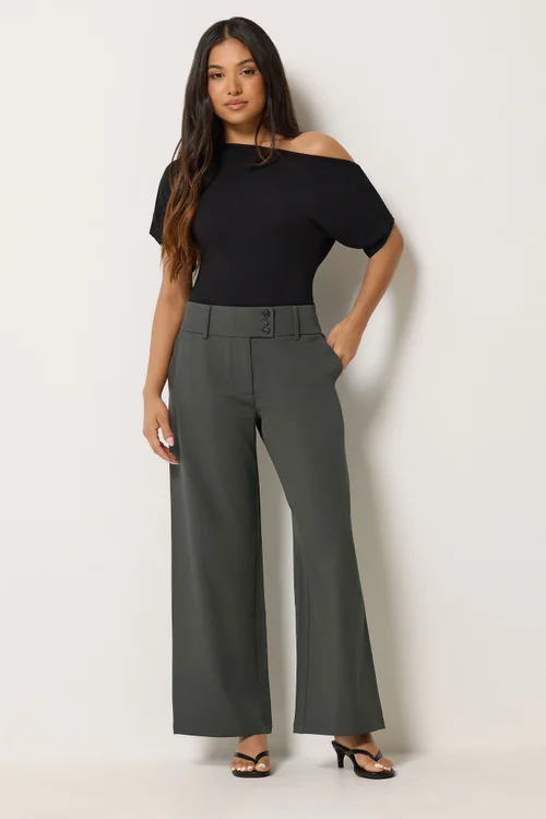 PixieGirl Petite Dark Grey Button Tab Detail Wide Leg Trousers - 14/L27 Image 1