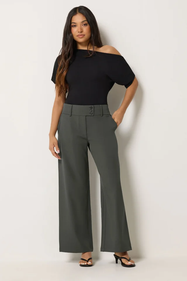 PixieGirl Petite Dark Grey Button Tab Detail Wide Leg Trousers