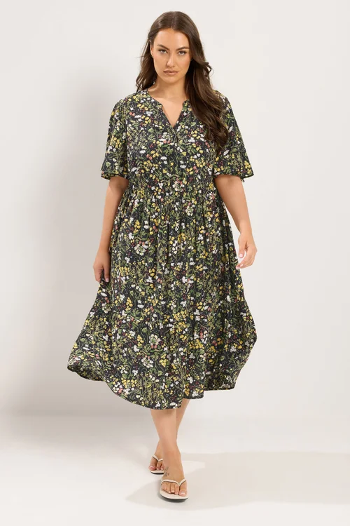 Yours Curve Black Floral Placket Midi Dress - 20 Image 2