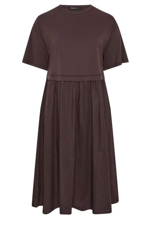 Yours Curve Chocolate Brown 2-In-1 Poplin Midi Dress - 38-40 Image 5