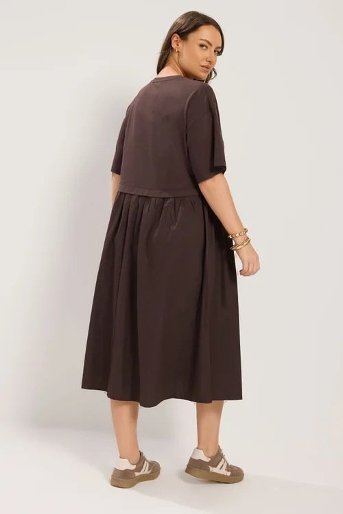Yours Curve Chocolate Brown 2-In-1 Poplin Midi Dress - 38-40 Image 3
