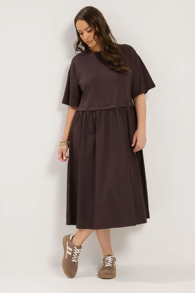 Yours Curve Chocolate Brown 2-In-1 Poplin Midi Dress