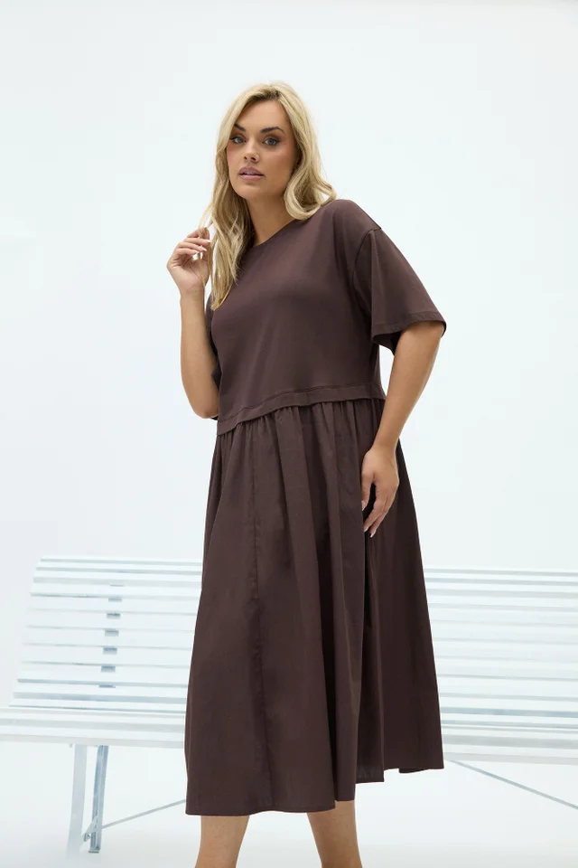 Yours Curve Chocolate Brown 2-In-1 Poplin Midi Dress