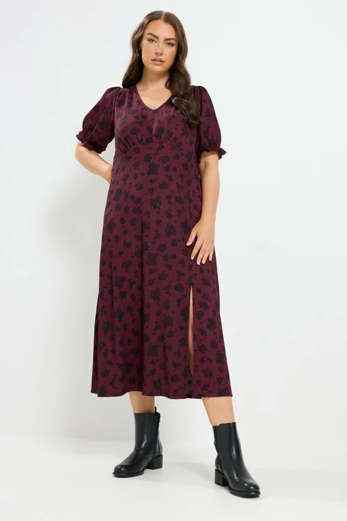 Yours Curve Burgundy Red Floral Tea Dress - 12 Image 1