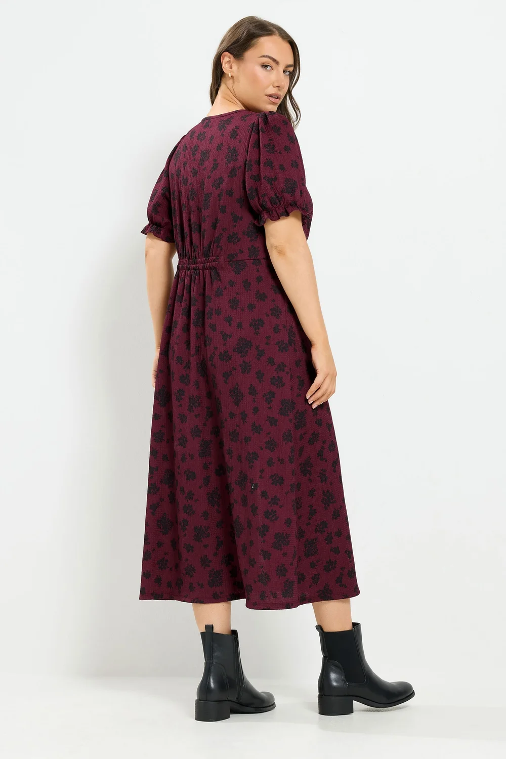 Yours Curve Burgundy Red Floral Tea Dress - 12 Image 3