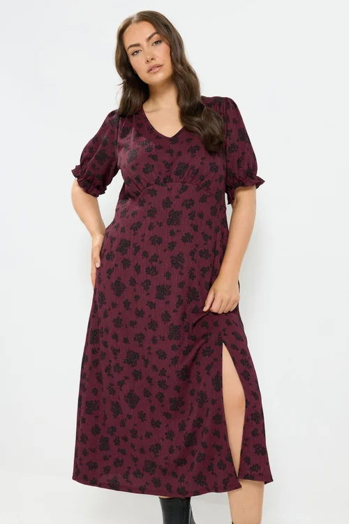 Yours Curve Burgundy Red Floral Tea Dress - 12 Image 2