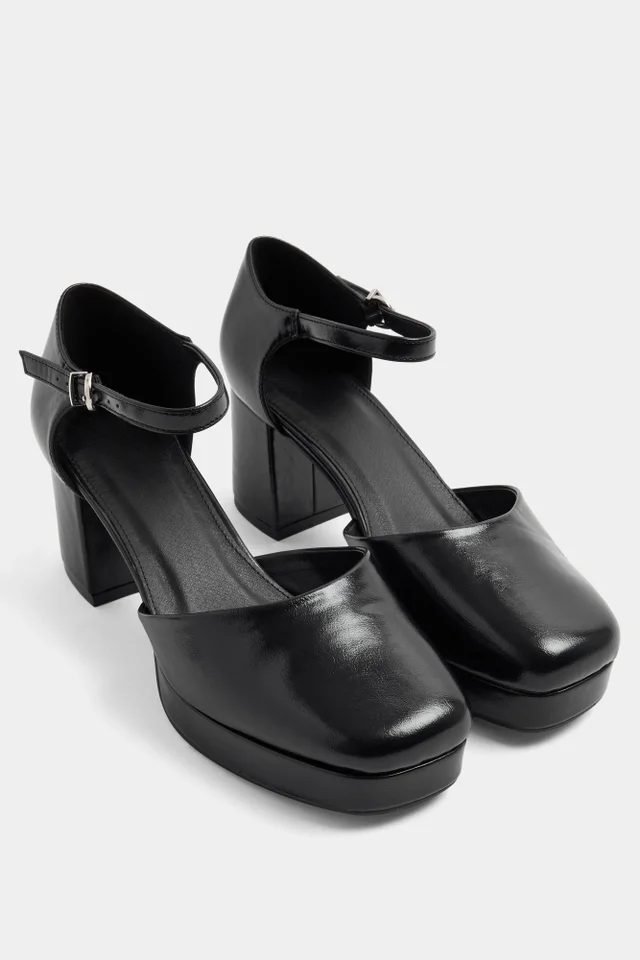Yours Black Faux Leather Platform Block Heels In Extra Wide EEE Fit