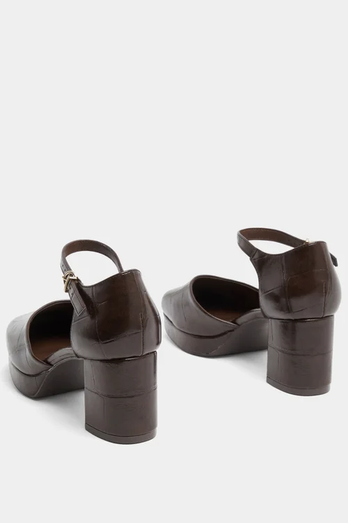 Yours Brown Croc Faux Leather Platform Block Heels In Extra Wide EEE Fit - 5 Extra Wide Image 4