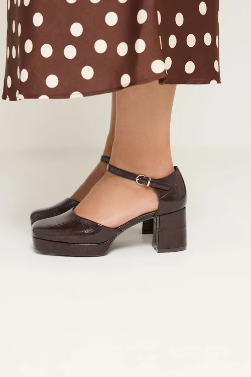 Yours Brown Croc Faux Leather Platform Block Heels In Extra Wide EEE Fit - 5 Extra Wide Image 1