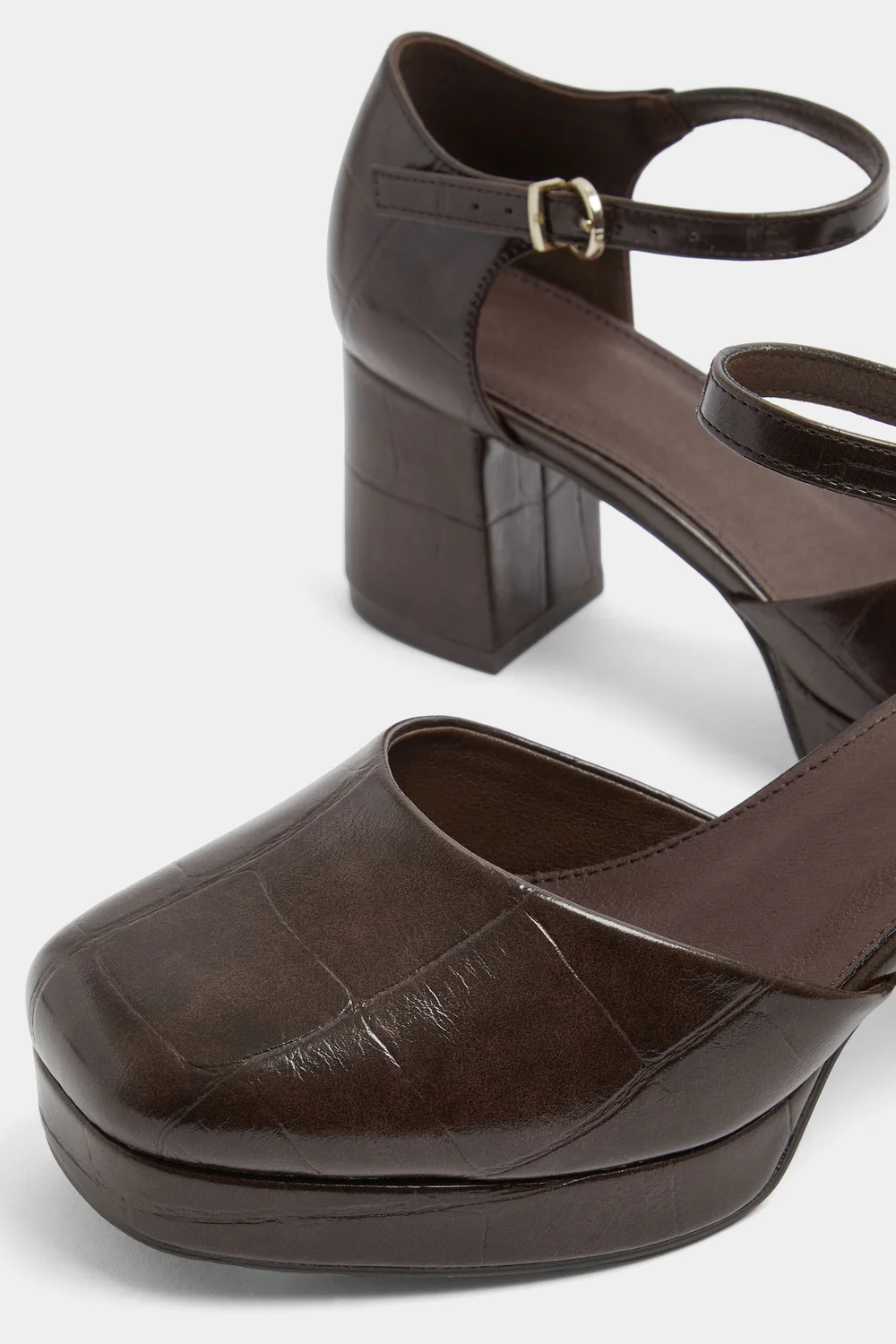 Yours Brown Croc Faux Leather Platform Block Heels In Extra Wide EEE Fit - 5 Extra Wide Image 5