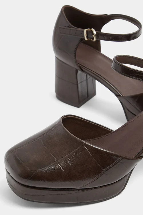 Yours Brown Croc Faux Leather Platform Block Heels In Extra Wide EEE Fit - 5 Extra Wide Image 5