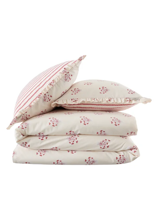 Emily Bond Hand Gathered Posy 100% Cotton Reversible Duvet Cover Set Cream / Red - Single Image 6
