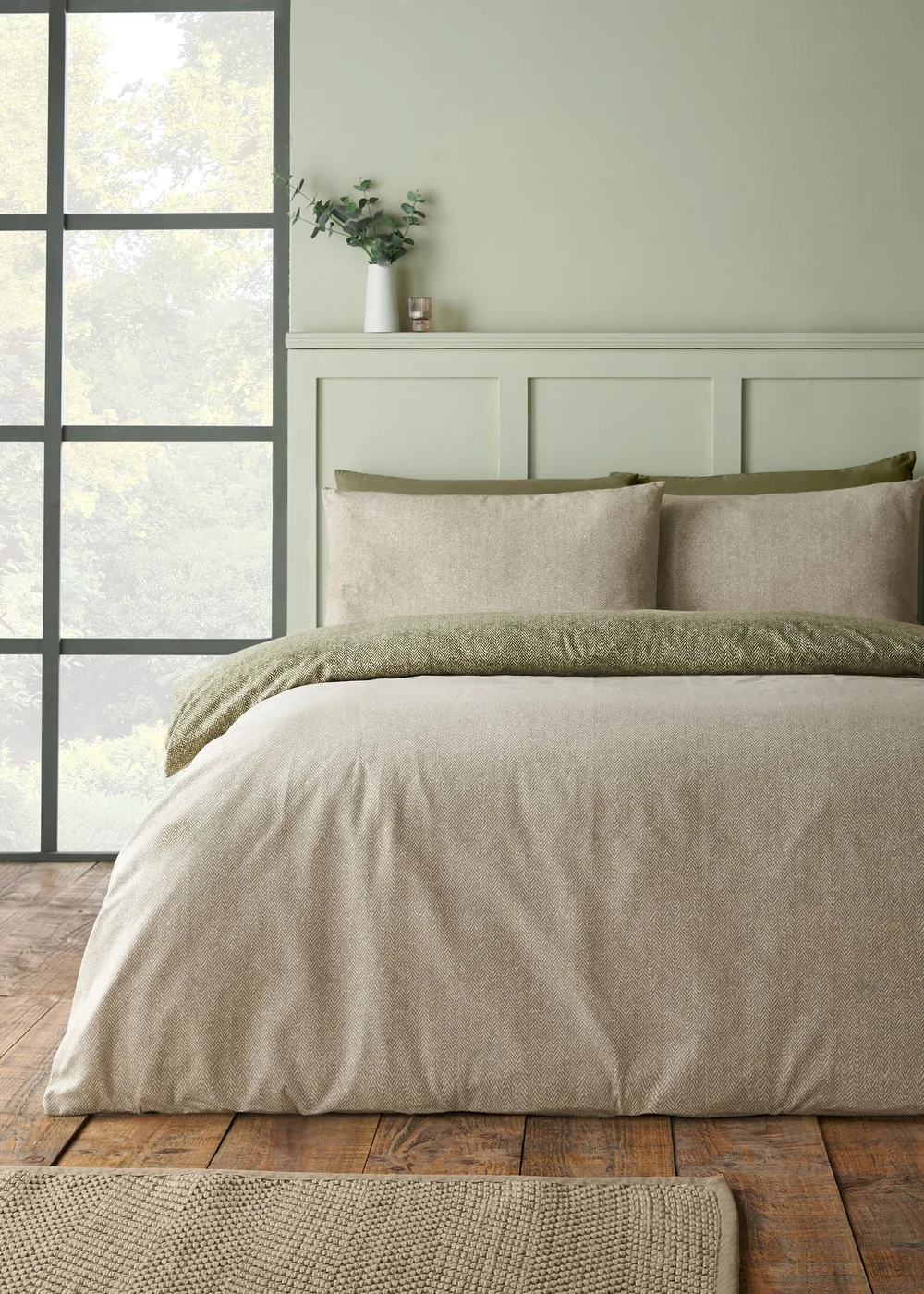 Catherine Lansfield Brushed Herringbone Cotton Reversible Duvet Cover Set Green - Single Image 2