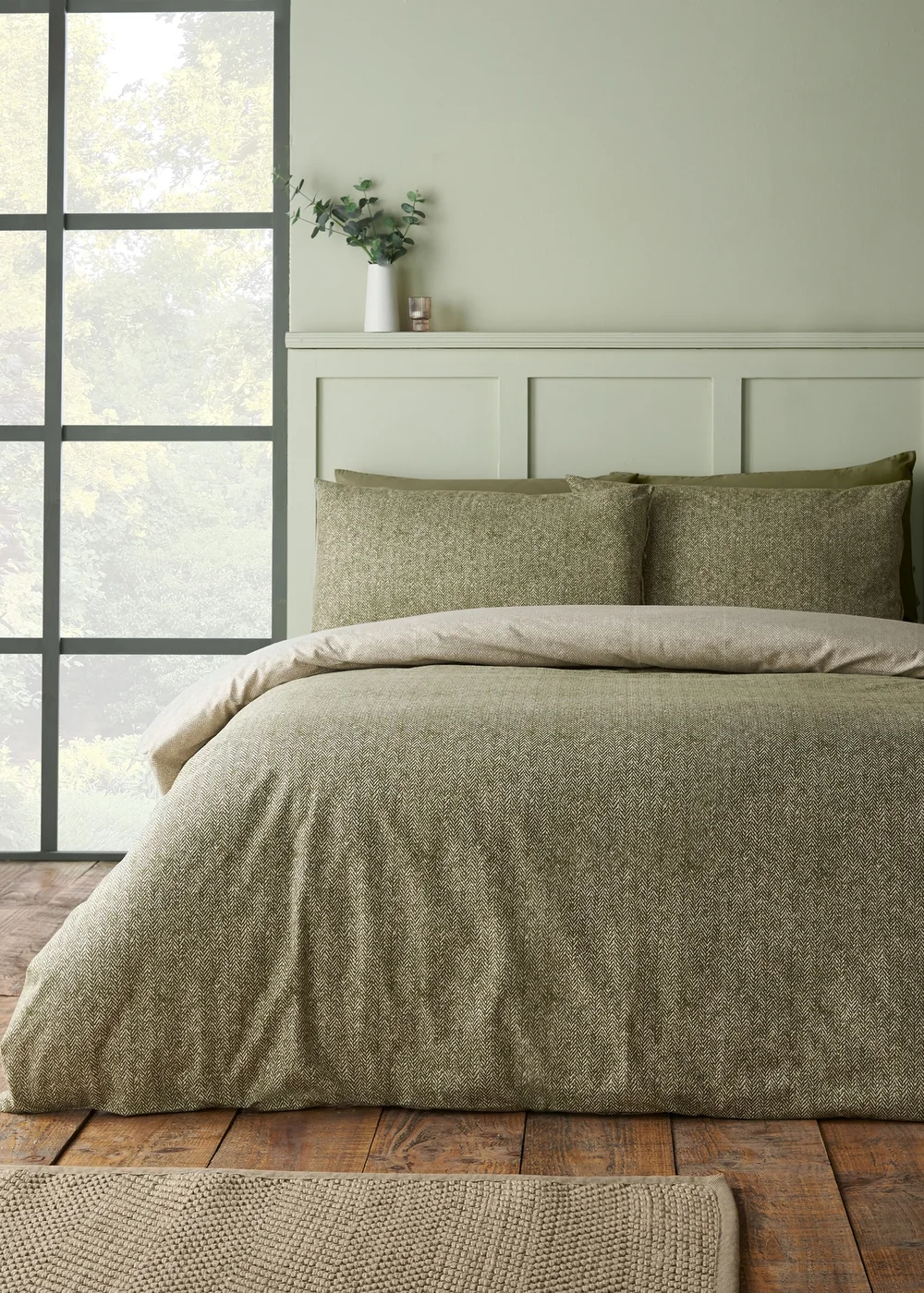 Catherine Lansfield Brushed Herringbone Cotton Reversible Duvet Cover Set Green - Single Image 1