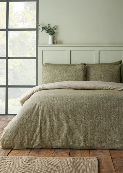 Catherine Lansfield Brushed Herringbone Cotton Reversible Duvet Cover Set Green - Single Image 1