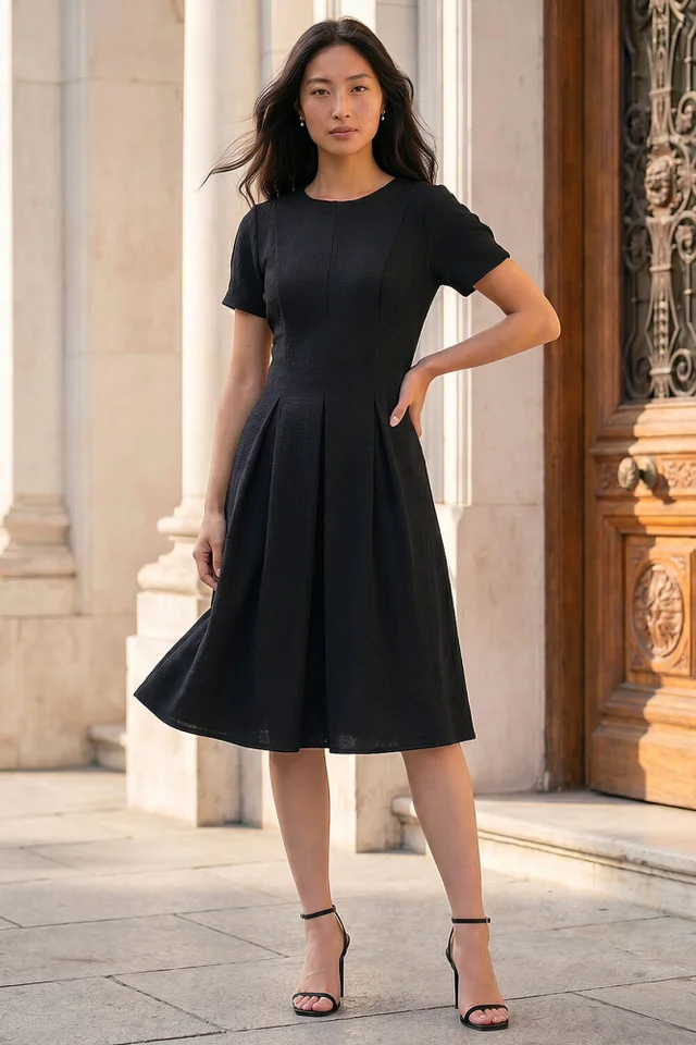 Roman Black Petite Textured Midi Dress