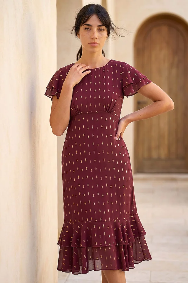 Roman Wine Petite Foil Frill Dress