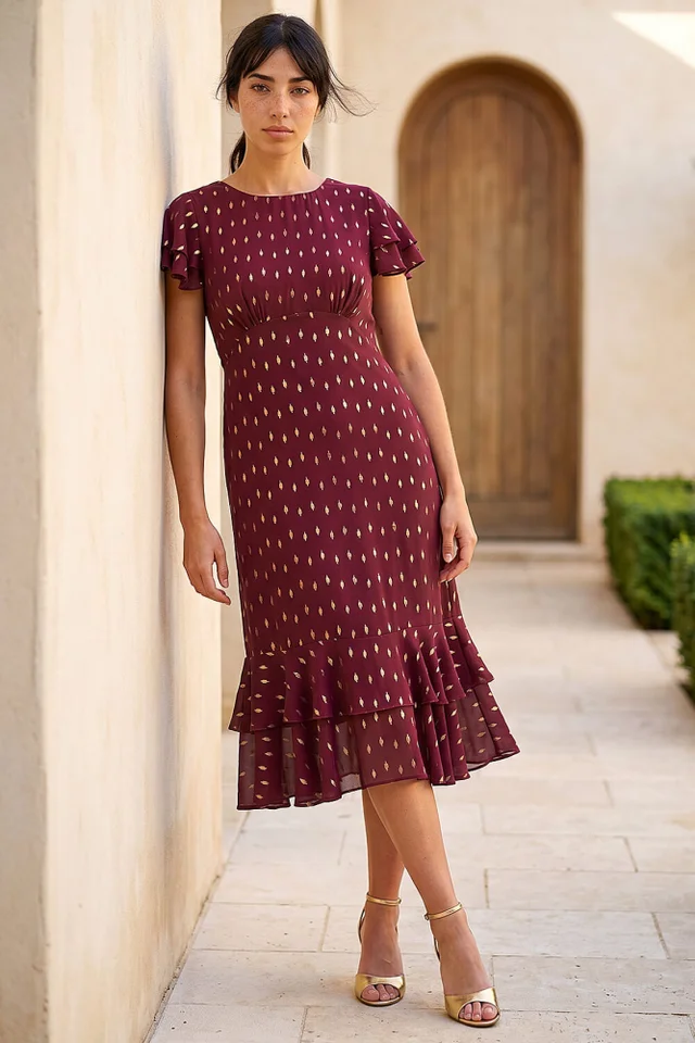 Roman Wine Petite Foil Frill Dress