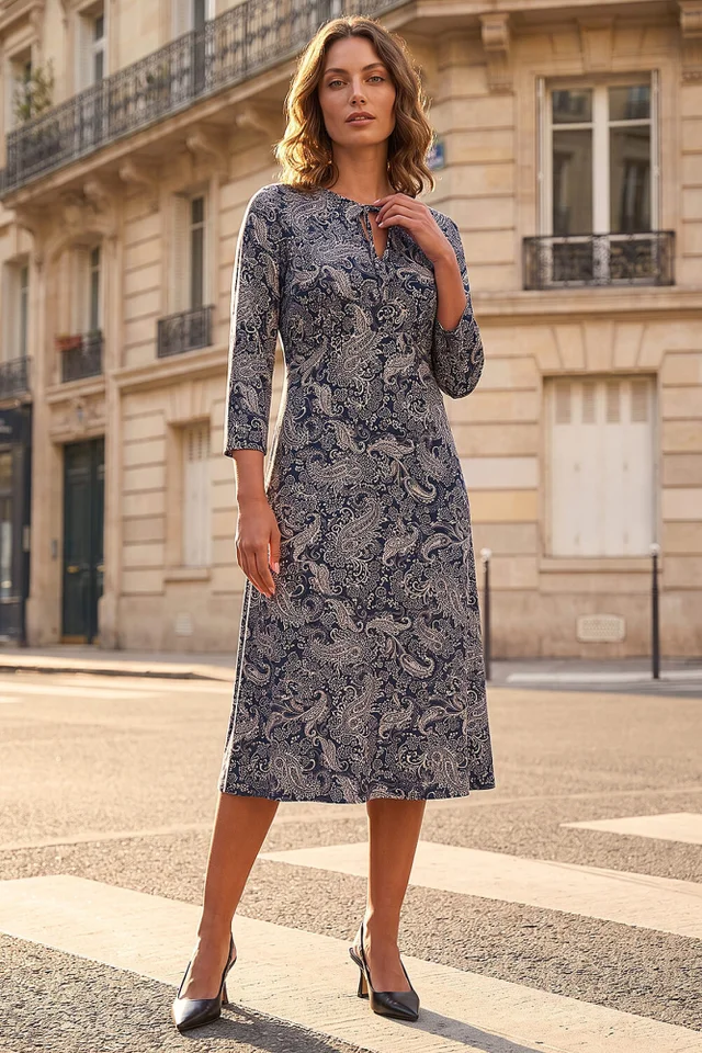 Roman Navy Petite Paisley Tie Neck Dress