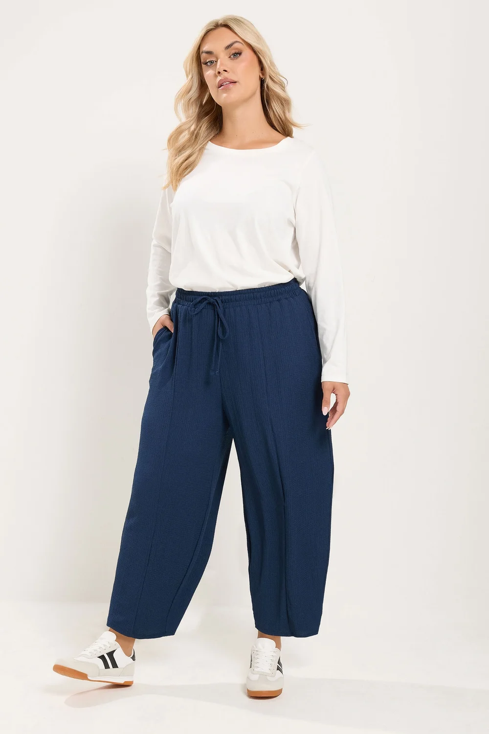 Yours Curve Navy Blue Crinkle Barrel Trousers - 26-28 Image 1