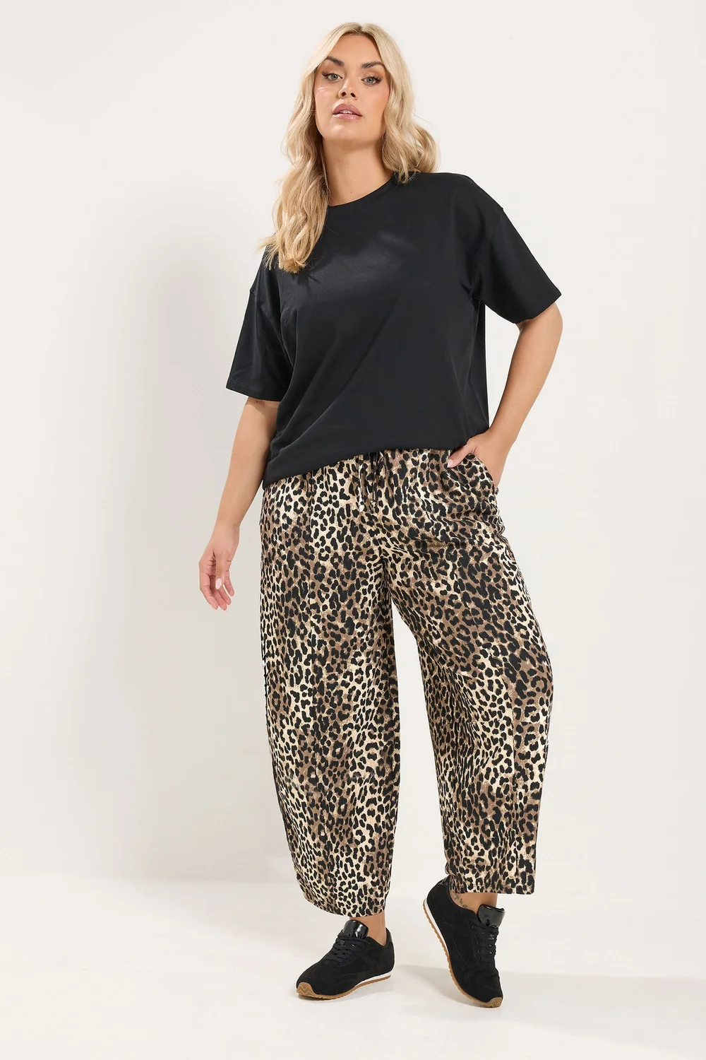Yours Curve Black Leopard Print Crinkle Barrel Trousers - 26-28 Image 1