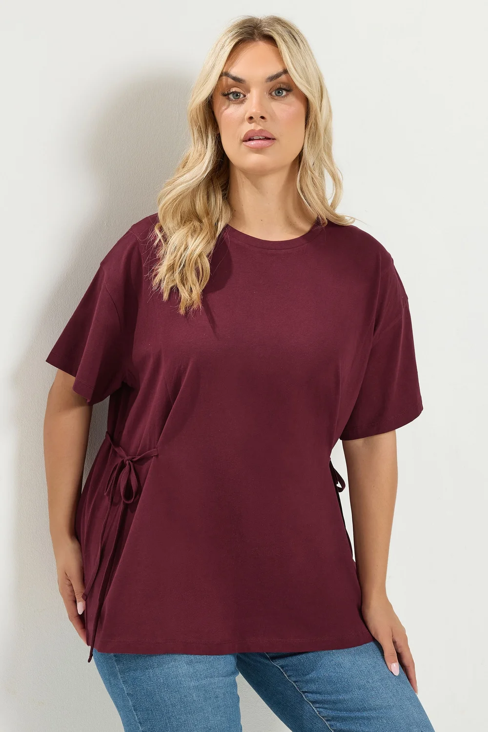 Yours Curve Burgundy Red Tie Front T-Shirt - 22-24 Image 1