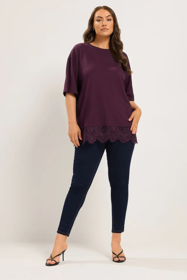 Yours Curve Purple Lace Hem T-Shirt