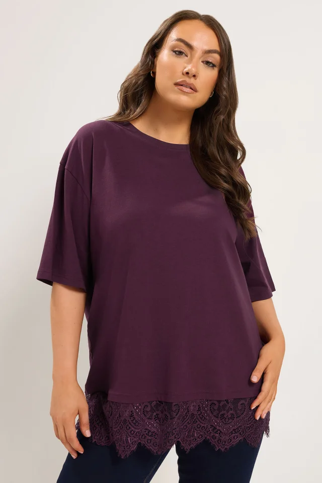 Yours Curve Purple Lace Hem T-Shirt
