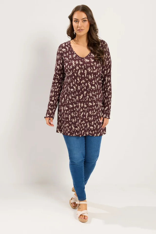 Yours Curve Chocolate Brown Ditsy Floral Tunic Top