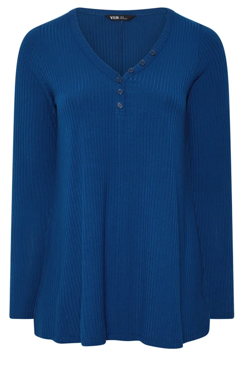 Yours Curve Blue Henley Ribbed Swing Top - 20 Image 5